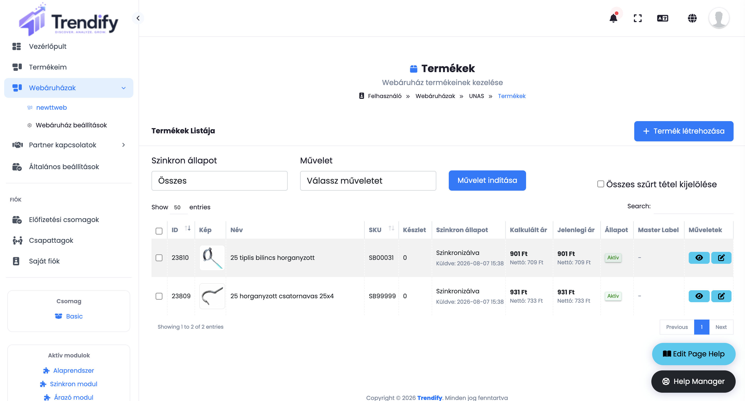 Trendify termékkezelő felülete: szinkronállapot, kalkulált és jelenlegi ár termékenként